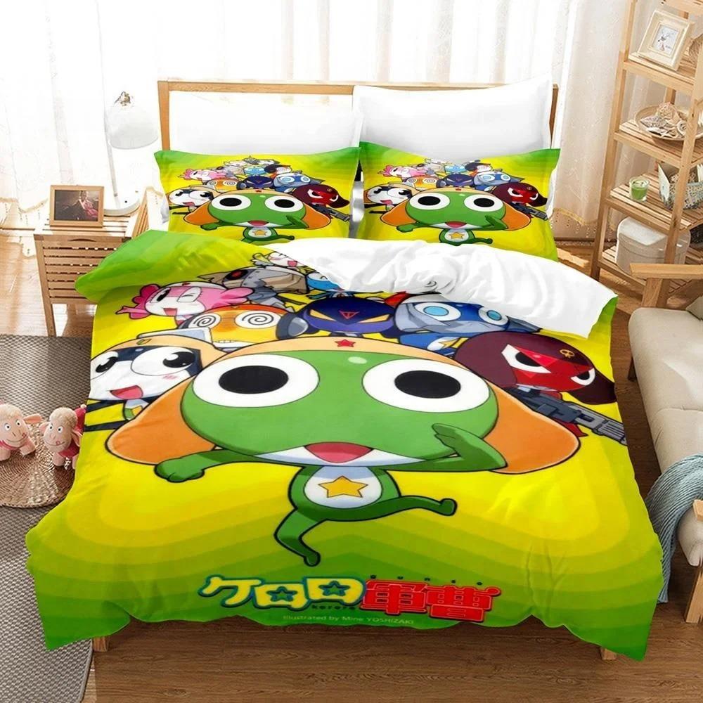 3D Kawaii Cartoons Bed Sheet Keroro Frog Bedding Set Single Twin Full Queen King Size Bed Set Adult Kid Bedroom Duvet Cover Sets