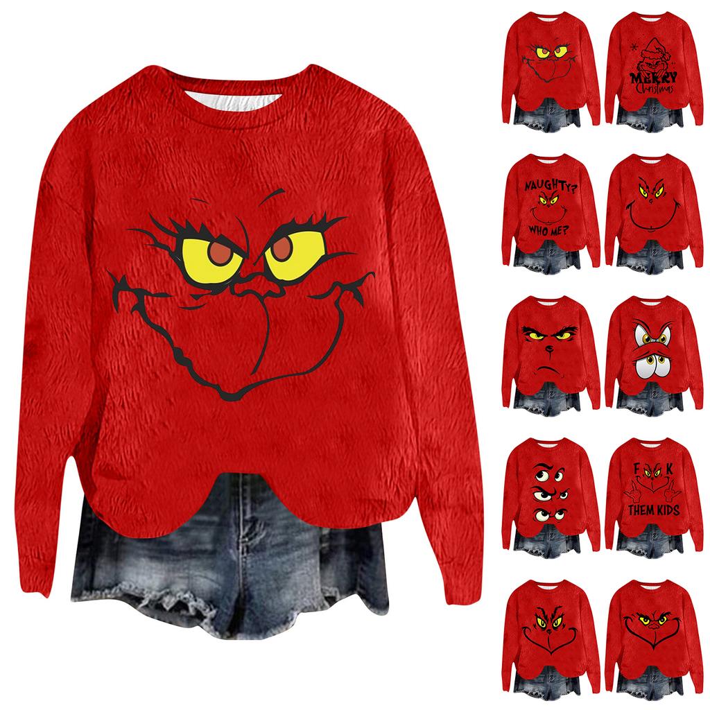 Women's Fashion Round Neck Pullover Top Long Sleeve Tee Christmas Printed Sweatshirt