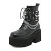 Wasserdichte Plateau-Martinsstiefel für Damen mit klobigem Absatz und dicken Sohlen, High Heels, Schnürung, Metallketten und Übergrößen erhältlich.