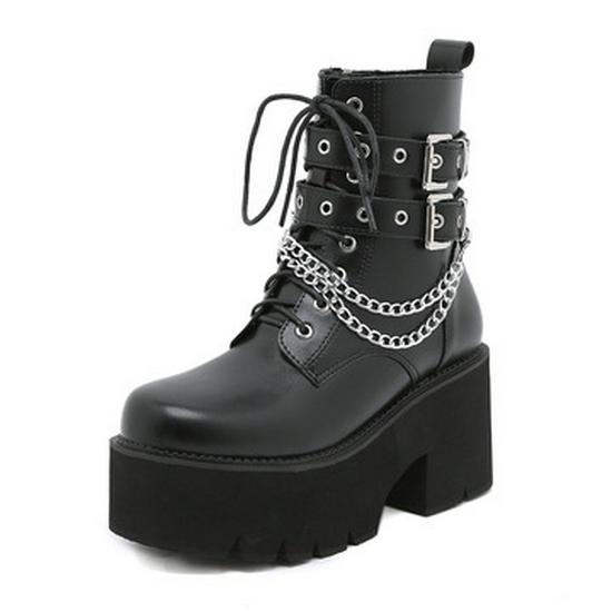 Wasserdichte Plateau-Martinsstiefel für Damen mit klobigem Absatz und dicken Sohlen, High Heels, Schnürung, Metallketten und Übergrößen erhältlich.