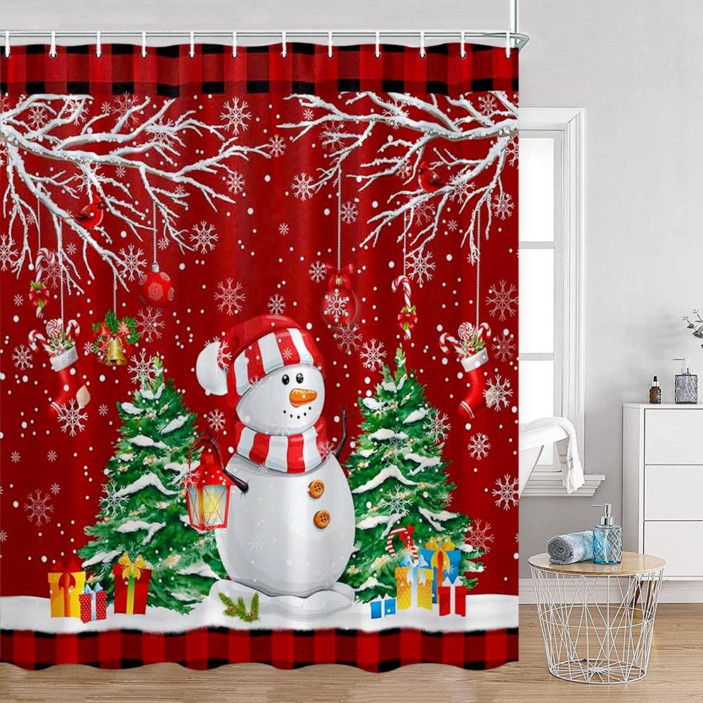 

Christmas Snowman Happy New Year Shower Curtain Merry Christmas Winter Snowy Snowflake Pine Bathtub Decor Polyester Bath Curtain 90x180cm-35x70in