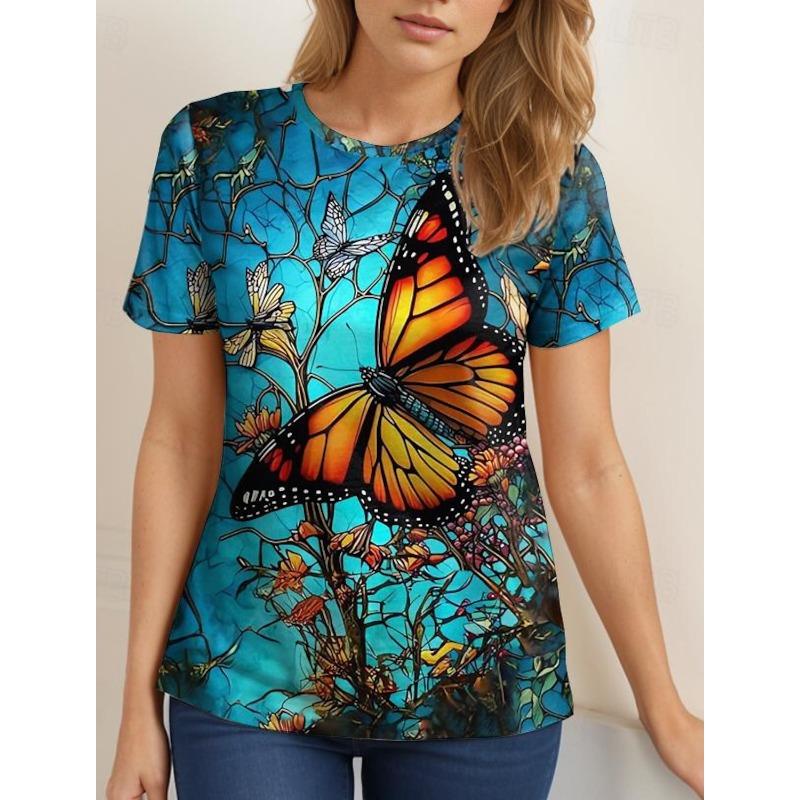 Damen T-Shirt Sommer Neue Schmetterlingsmuster Kurzarm Mode Sexy Mädchen Kleidung Y2k Print Tees Casual Wowen's Kleidung