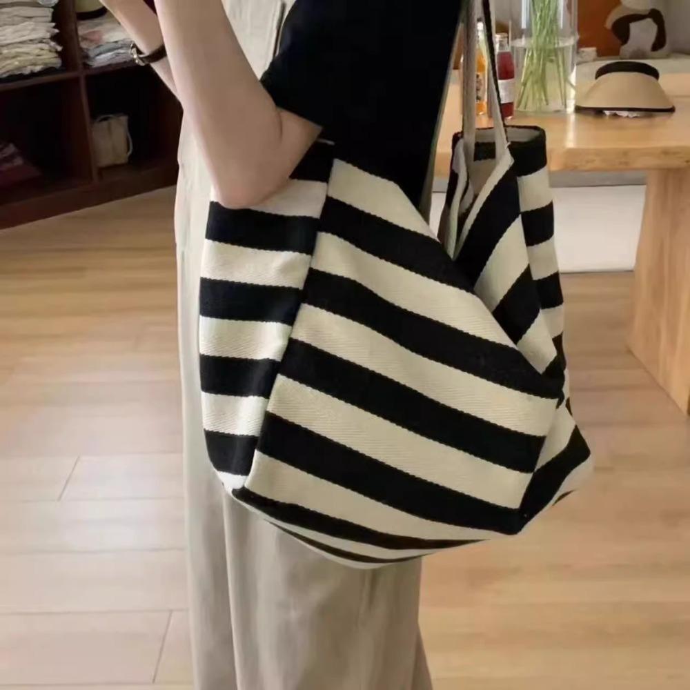 Contrast Color Black White Stripe Bag Large Capacity Thin Straps Tote Bag  Daily