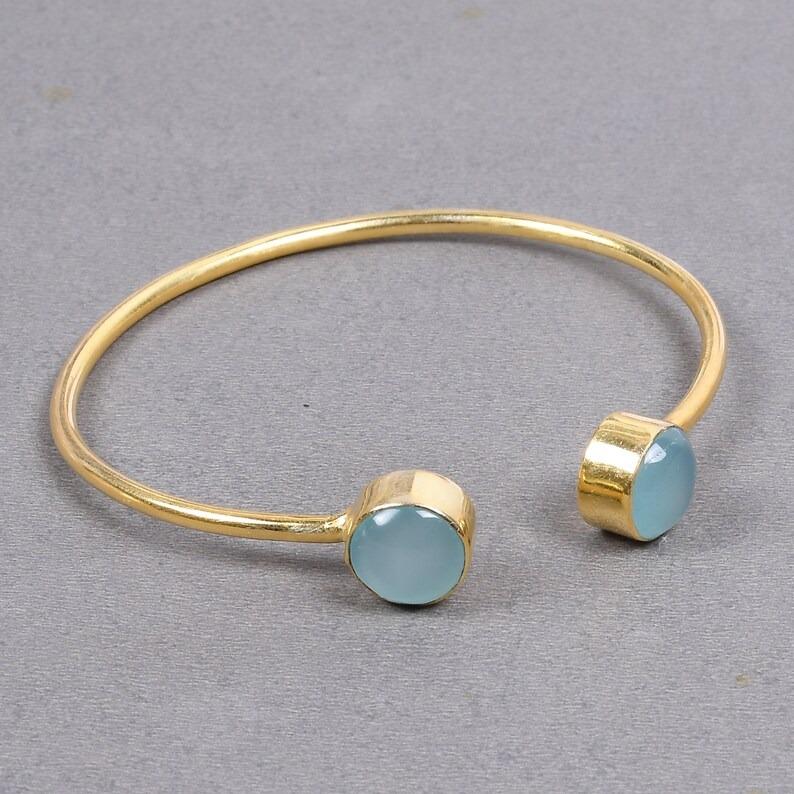 Aqua Chalcedony Gemstone Bangle Bracelet, Handmade Jewelry, Gold Bracelet, Adjustable Bracelet, Anniversary Gift, 925 Sterling Silver