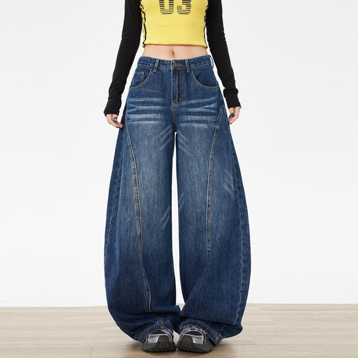 Retro Women s Dark Blue Anti-Fading Wide Leg Jeans Extra Large