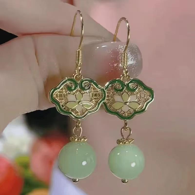 Уникальные ретро новые китайские зеленые серьги-жуи женские антикварные серьги серьги для ципао древние серьги Ханьфу зелёный