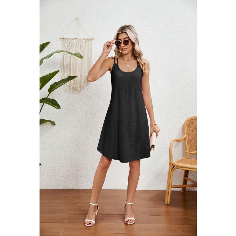 YYFS Dammode Sommar Vår Enfärgad Tryck Ärmlös U-Hals Lös Midjelinje Vardagsklänningar