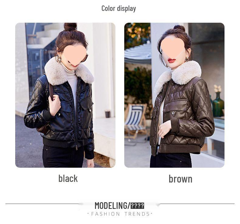Women's Short Fleece-Lined Leather Motorcycle Jacket - Winter Fashion Cotton-Padded Coat