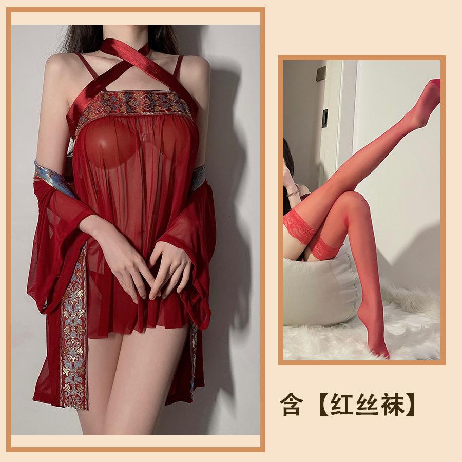 Sex Underwear Pure Desire Sexy Hot Retro Style Hanfu Private House Belly Pocket Transparent Perspective Nightdress Women's Suit