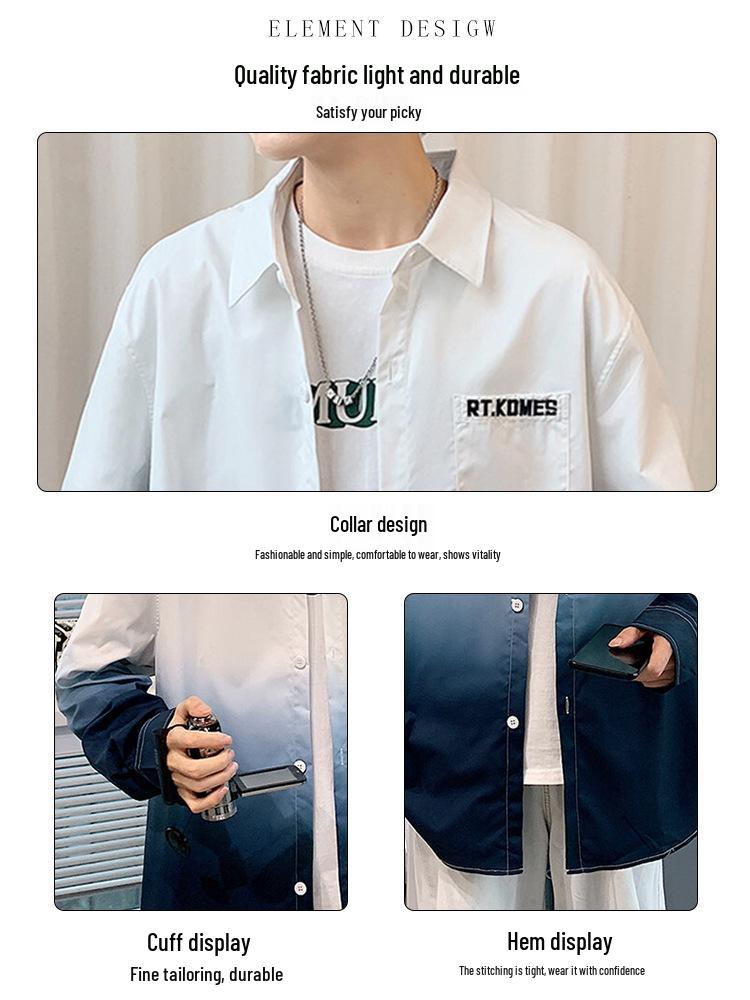 American Style Gradient Long Sleeve Men's Shirt – Casual Loose Fit with Turn-Down Collar for Spring, Autumn, and Summer.