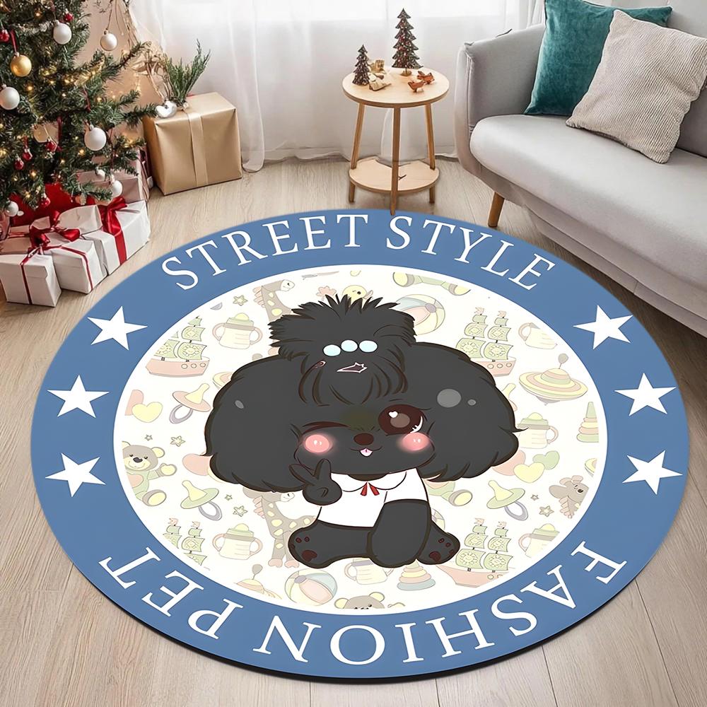 Cartoon Dog Pattern Round Carpet Street Style Poodle French Bulldog Schnauzer Design with Star Decor Soft Rug for Kids Bedroom