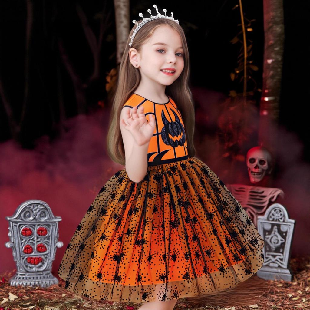 Girls' Halloween Pumpkin Party Dress - One-Piece Costume with Print