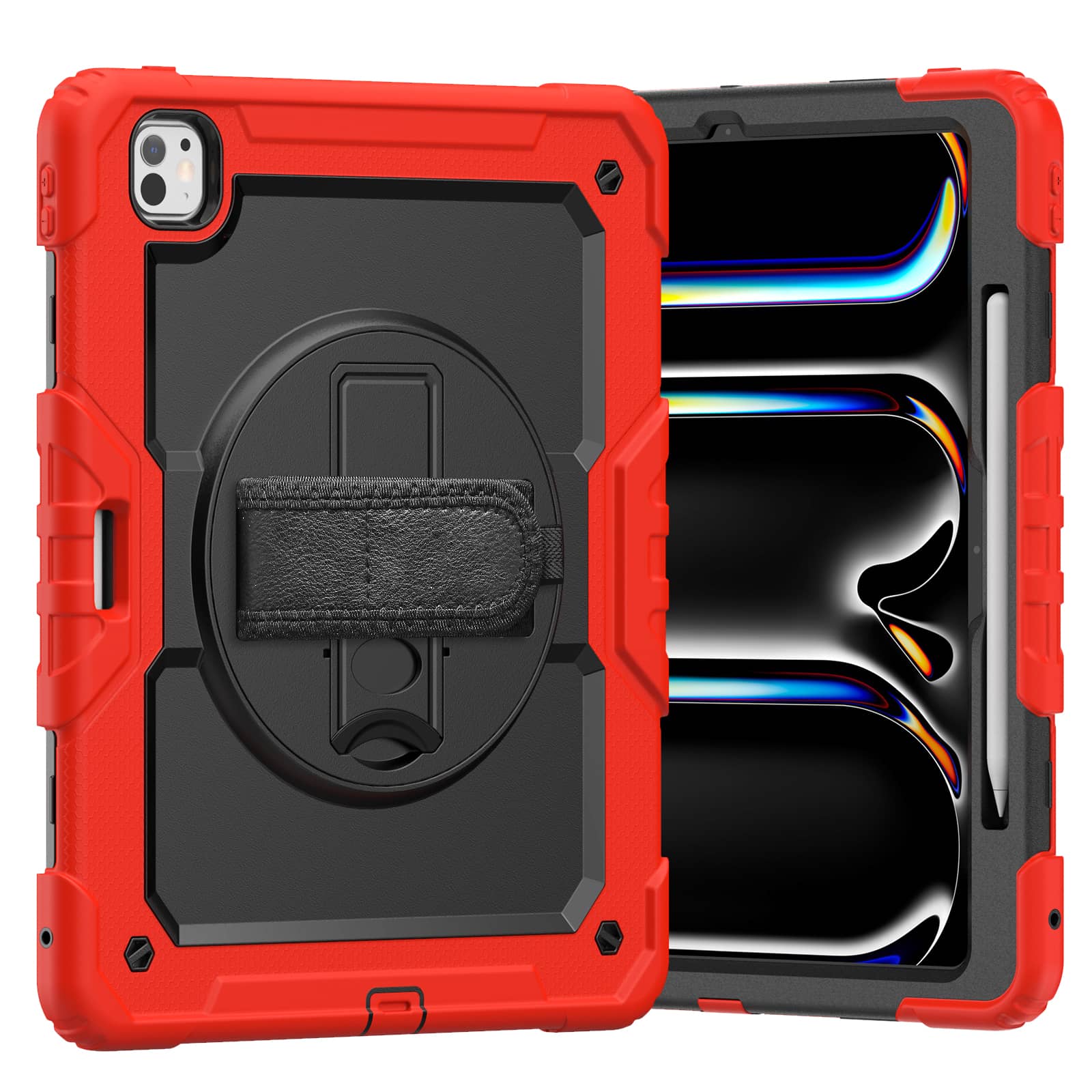 

For IPad Pro 13-inch (M4) 2024, Military Grade Shockproof Protector Silicone Cover with Pencil Holder+Handle Shoulder Strap Case iPad Pro 13 M4 2024 красный черный