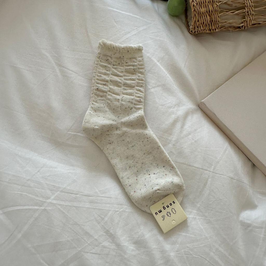 Shirring Lace Socks Mid-Tube Niche Simple Style Spring And Autumn New Product Stack Socks Solid Color Student Socks Casual
