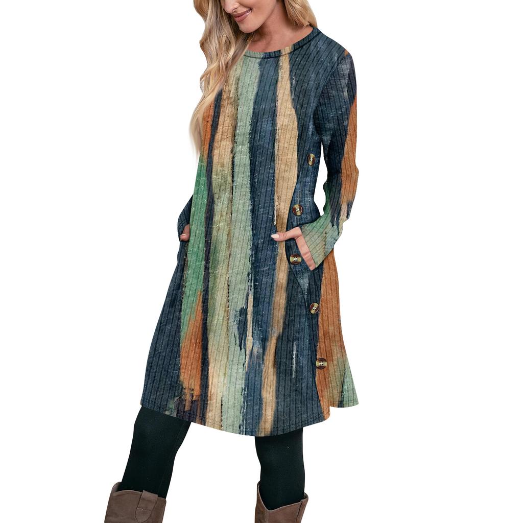Women's Fashion Casual Long SleeveTunic Dress With Pockets Side Button Dress