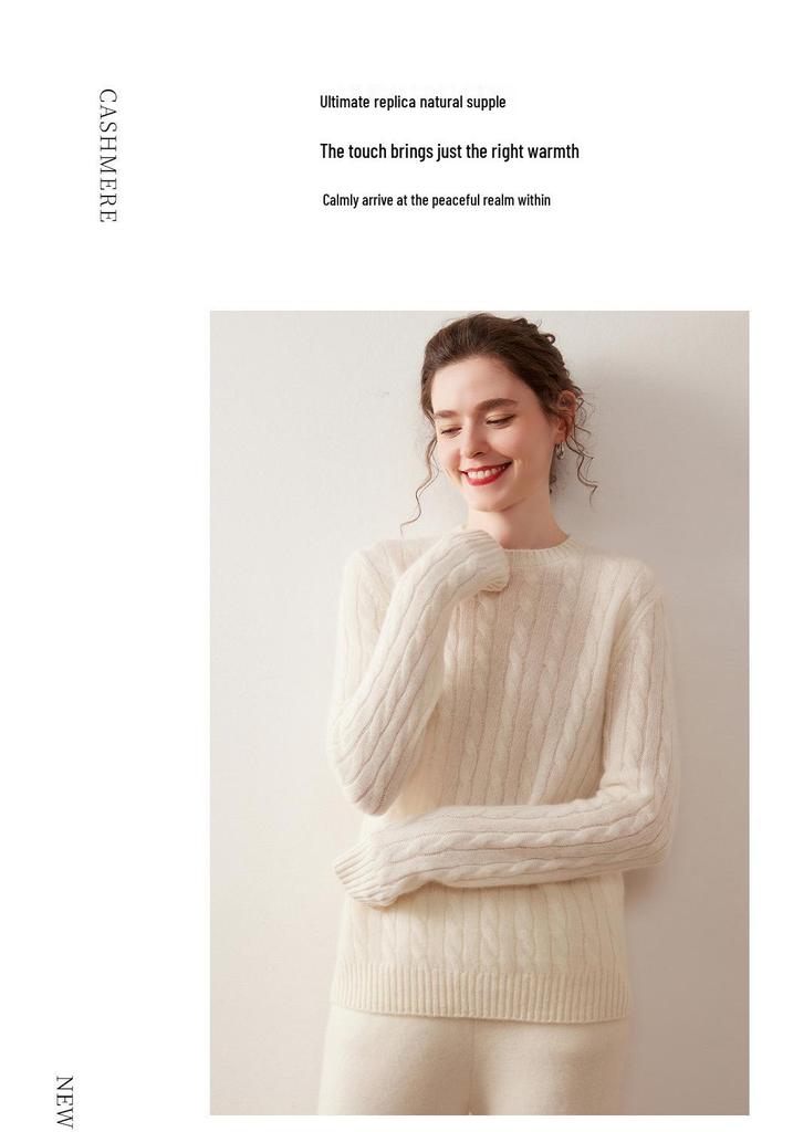 Women's Retro Cable Knit Cashmere Sweater - Autumn/Winter Slim Fit Round Neck Top