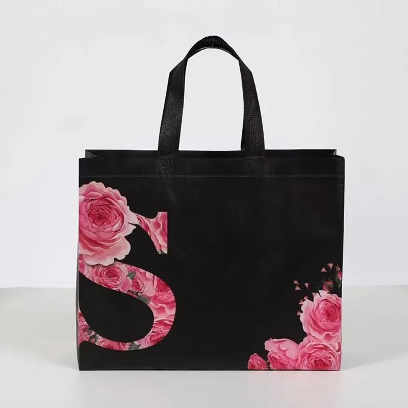 10PCS Rose Printing Packaging Shopping Bag Handle Waterproof Non Woven Fabric Gift Bags Black Clothing Store HandBag