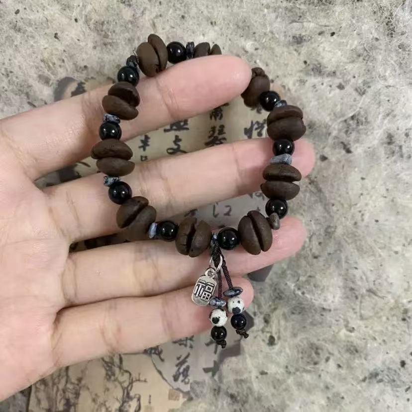 Chinese Style Natural Stone Coffee Bean Pendant - Versatile Lucky Charm for Couples