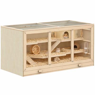 Hamsterkooi, gerbilkooi, 2 verdiepingen, open dak, ramen, huisje, 2 ladders, 115 x 57 x 55 cm, natuurlijke houtlook