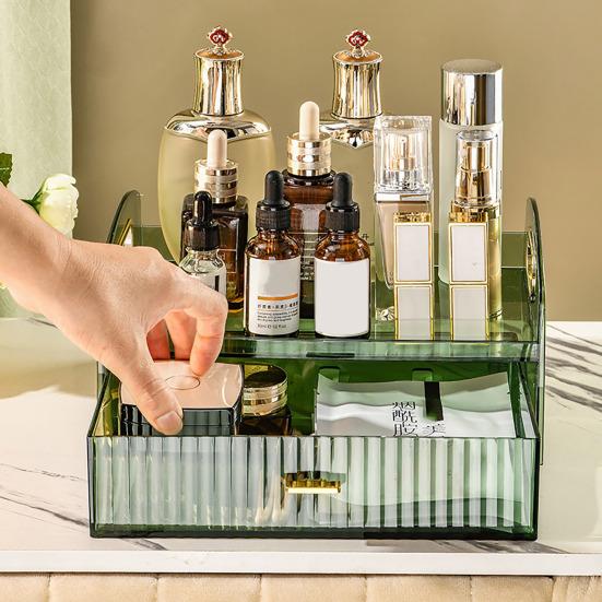Desktop Cosmetic Storage Box with Drawer And Handle Transparent Two-tier Smooth Stable High Fence Lipstick Lotion Nail Polish Organizer Makeup Display