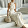 Women's Halter Neck Jumpsuit, Sleeveless Casual Wide Leg Rompers, Summer High Waist One Piece Outfits with Pockets