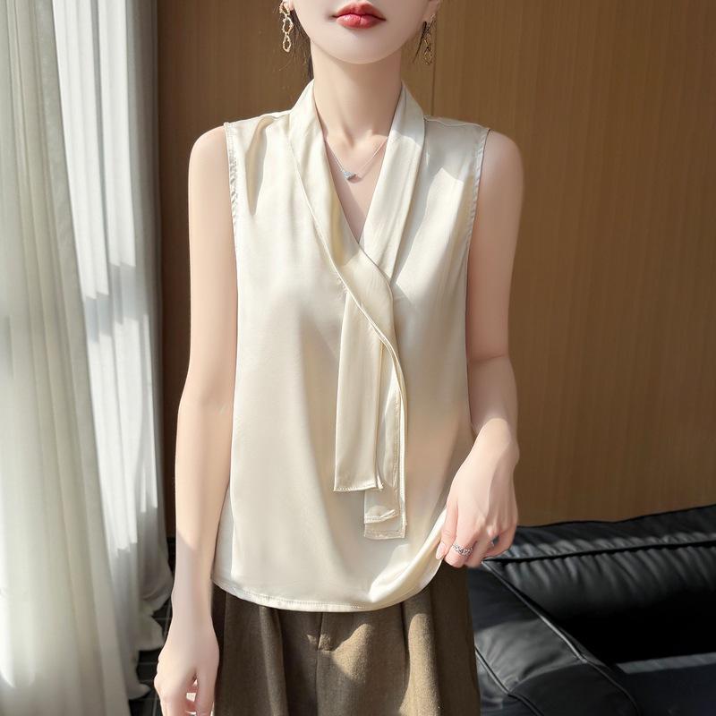 Spring and Summer New Style Smooth V-Neck Ribbon Sleeveless Backless Blouse for Women - Pure Color Pullover Design Top