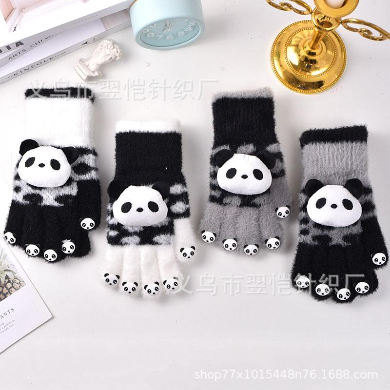 Gloves women's winter open fingers thickened warm male and female students writing cold-proof plush panda antifreeze gloves