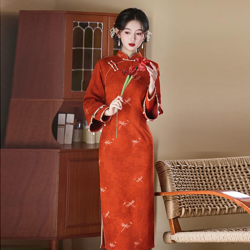 Orange National Style Chinese Autumn Long-sleeved Cheongsam Improved Young Women's High-end Sense Retro Slim Waist Autumn and Winter