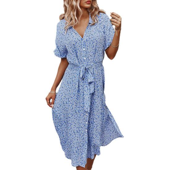

Сукня-сорочка з відворотом, універсальна довжиною до середини ікри, приваблива, красива квіткова візерунок, елегантна сукня, щоденний одяг XL небо синє кольору