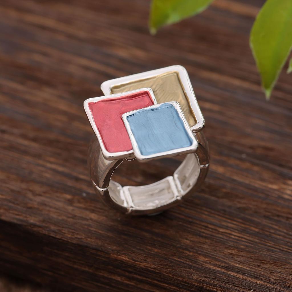 Irregular Square Splicing Alloy Ring, Colorful Oil Trend Women's Elastic Ring