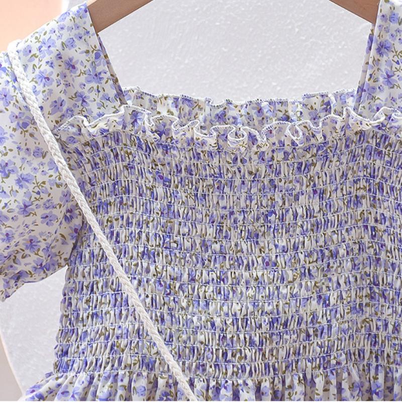 Bebek Çocuk Yaz Güzel Bebek Fırfır Kollu Kız Çiçek Rahat Plaj Elbise Sundress Elbiseler + Dokuma Çanta