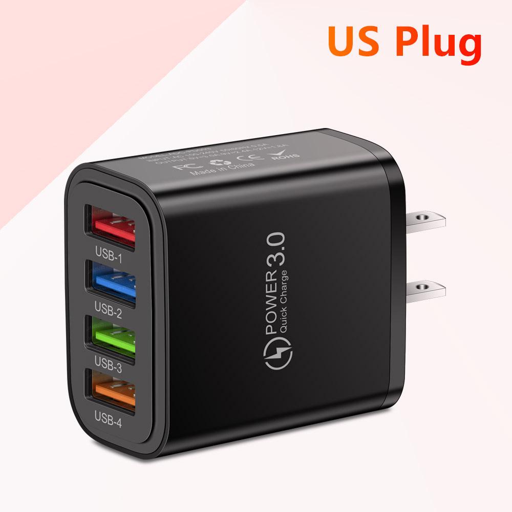 Colorful 4-Port 3A USB Travel Charger with US/EU Plugs for Mobile Phones