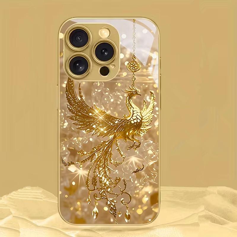 Estojo de Vidro Temperado Dourado com Exclusivo Padrão de Fênix para Samsung Galaxy S25 Ultra S24 S23 Plus S25 FE Capa Traseira de Luxo