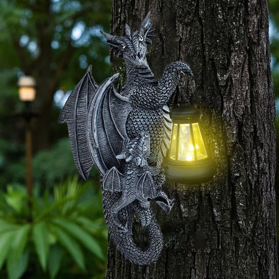 Solar-Powered Dragon Statue Outdoor Garden Ornament with LED Glow Weather-Resistant Resin Fantasy Decor for Patio Wall Fence Lighting