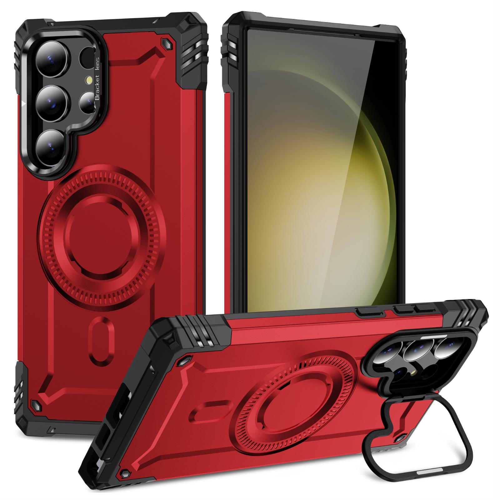 

For Samsung Galaxy S23 Ultra Case Compatible with MagSafe Metal Lens Frame Kickstand PC+TPU Mobile Cover Red