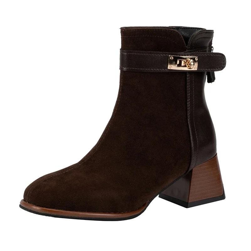 

Жіночі осінні та зимові короткі чоботи на товстому каблуці із замшевою панеллю та блискавкою ззаду на товстому каблуці Тонкі чоботи на високому каблуці 37 коричневий