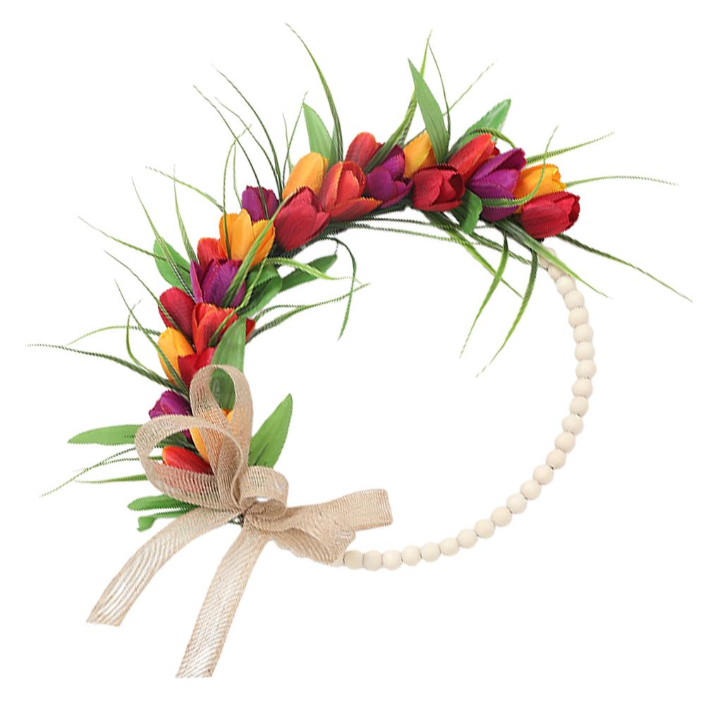 Front Door Wreath Hanging Decor Simulated Flower with Wooden Beads Holiday Spring Home Decoration Red Yellow Purple