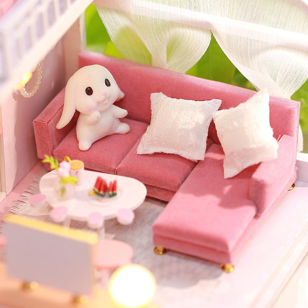 

DIY Miniature Dollhouse with Furniture and LED Lights 3D Wooden Doll House Creative Birthdays Festivals Christmas Gifts with Dust Cover розовый