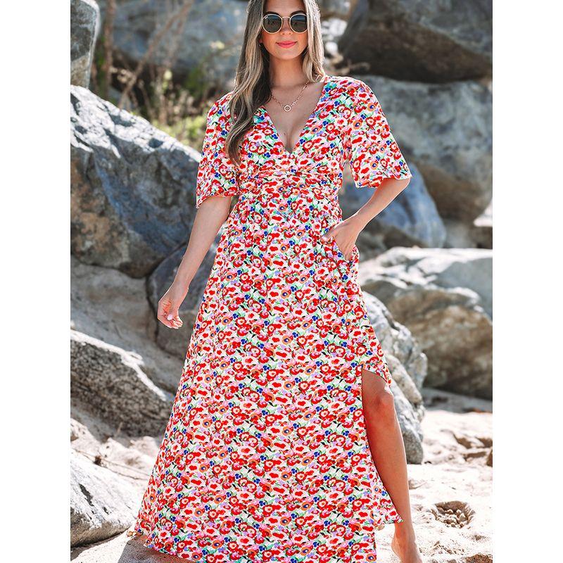 US Shiying Summer New Arrival Florals Backless Dress Female 2025 Seaside Vacation Style Side Slit Dress