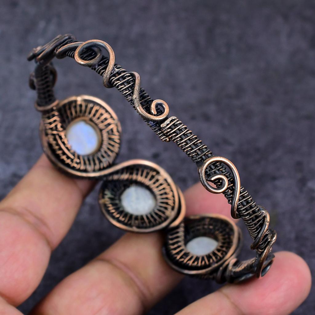 Natural Moonstone Gemstone Handmade Copper Wire Wrap Cuff Bangle Adjustable ET-4662