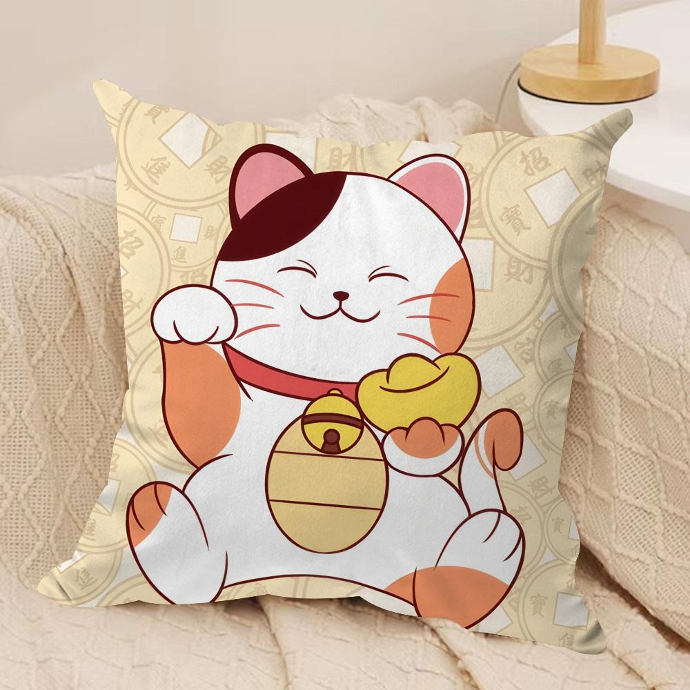 Aneki Neko Rich Luck Money Cat Cushion Cover Silky Short Plush Invisible Zipper Dustproof Sofa Pillow Case For Home Decor