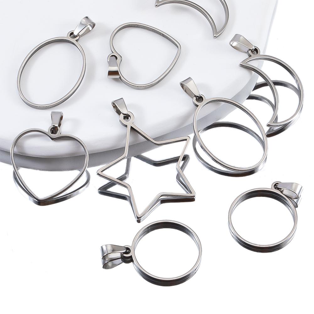5pcs Hollow Stainless Steel Star Moon Frames Blank Bezel DIY Earrings Geometric Heart Pendant Base Charm Necklace Jewelry Making