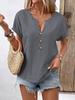 New 2025 Women Shirts V-Neck Buttons Short Sleeve Loose Blouses Solid Color Casual Summer Tee Shirt Daily Wear Tops Ladies