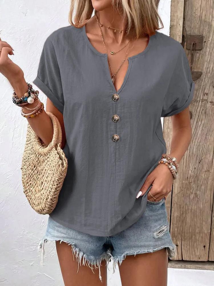 New 2025 Women Shirts V-Neck Buttons Short Sleeve Loose Blouses Solid Color Casual Summer Tee Shirt Daily Wear Tops Ladies