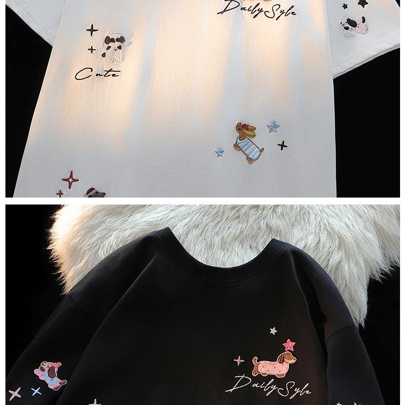 American Chic Embroidered Puppy Short-Sleeve Cotton T-Shirt for Women – Summer Loose Fit Cute Top