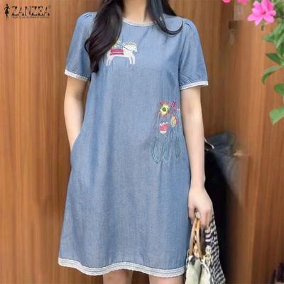 Women Casual Round Neck Embroidery Summer Short Sleeve Dress
