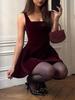 Square Neck Sleeveless Velvet Mini Dress Slim Fit A Line Flared Skirt Solid Spaghetti Strap Dress For Dating Wedding Cocktail Party Fall Formal Wear