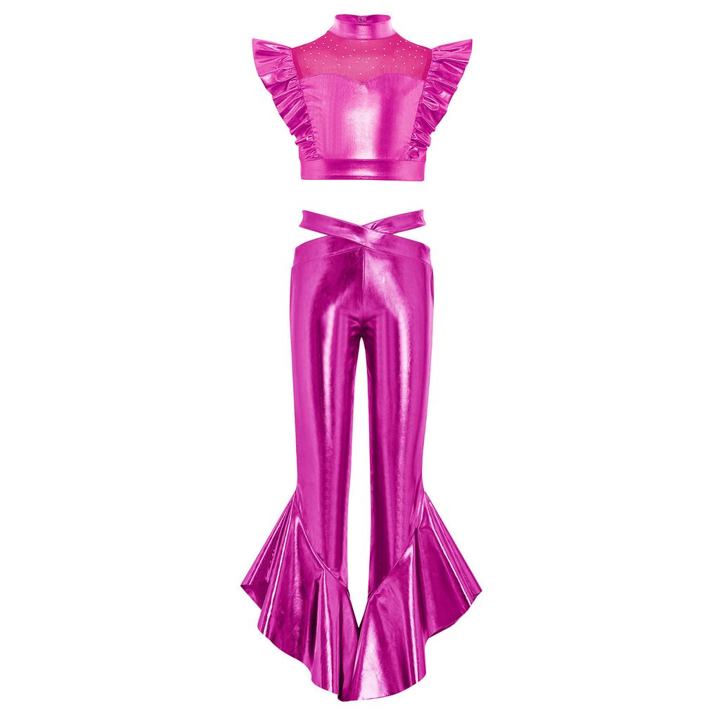 Girls Dance Crop Top with Flared Pants Mock Neck Sleeveless Mesh Rhinestone Ruffle Metallic Outfit Set