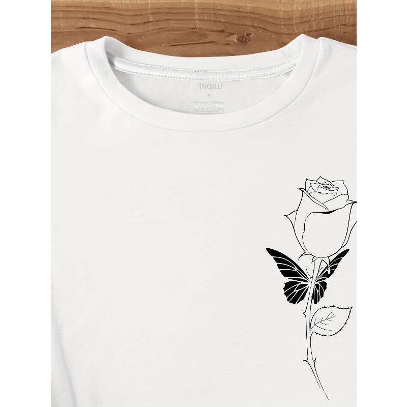 Europese maten Rozenprint Ronde Hals T-shirt, Casual Top met Korte Mouwen Voor Lente & Zomer, Dameskleding