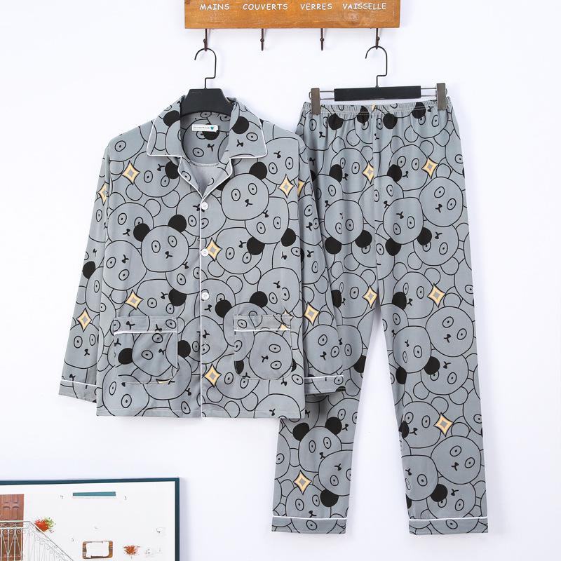 Men's Printed Long Sleeve Knit Cotton Pajama Set with Cardigan Lapel for Spring, Autumn, Winter
